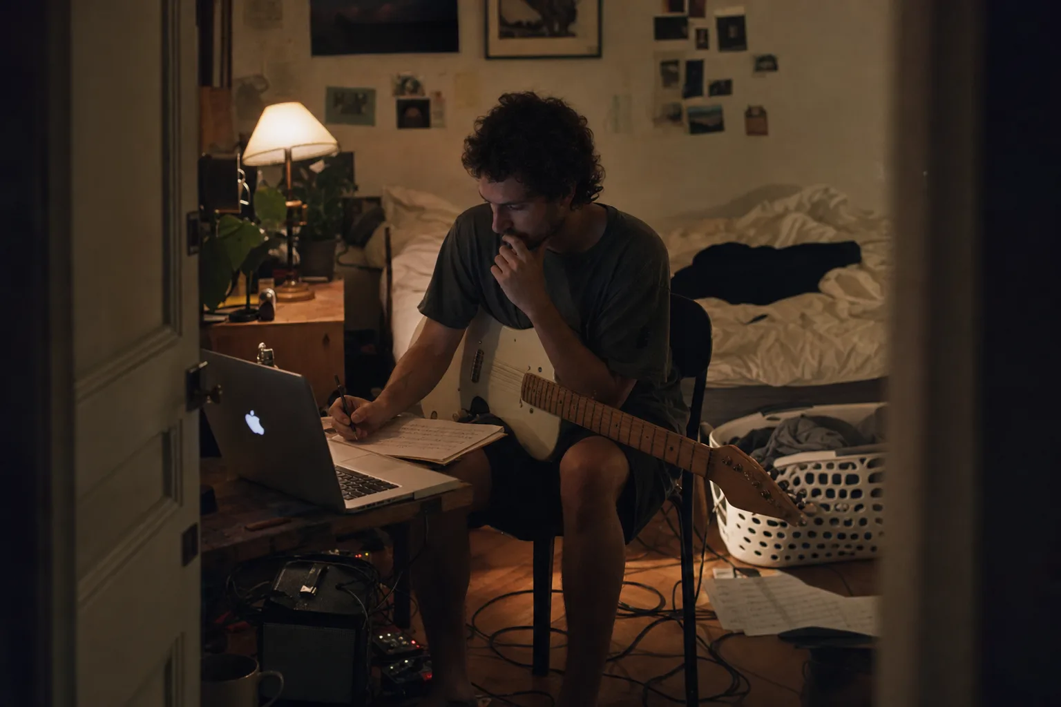 An adult musician writing beside a guitar and an open MacBook late at night